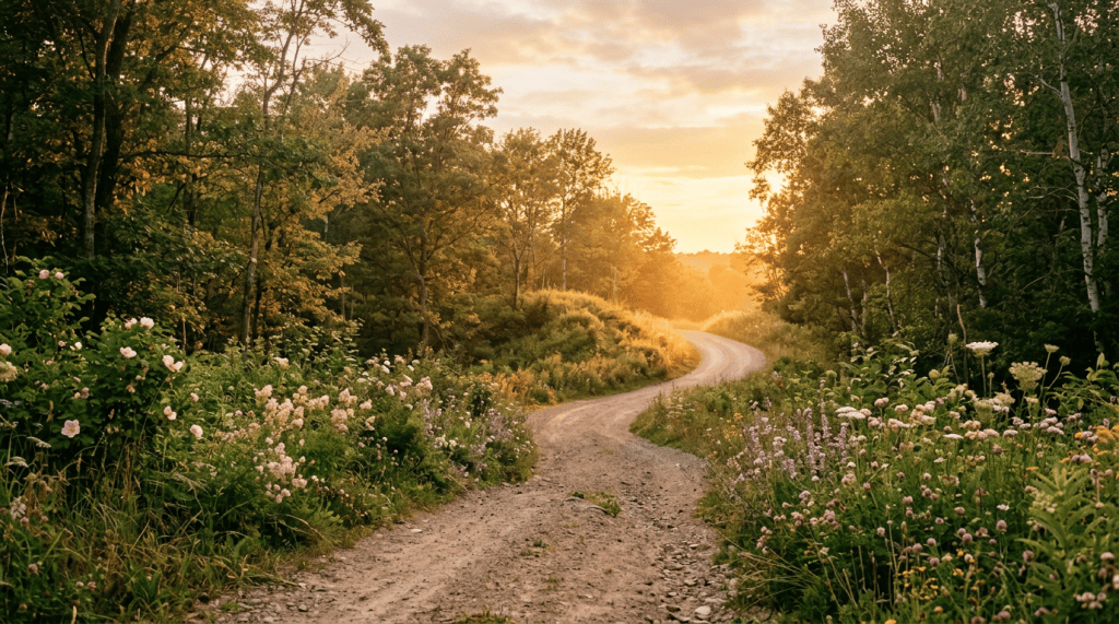 Winding dirt road through wildflower-filled woodland at sunset