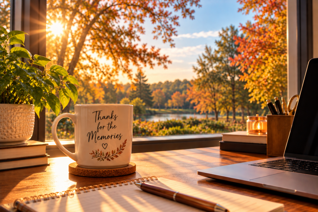 Golden sunlight through an office window onto a coffee mug reading Thanks for the Memories, with autumn trees outside.